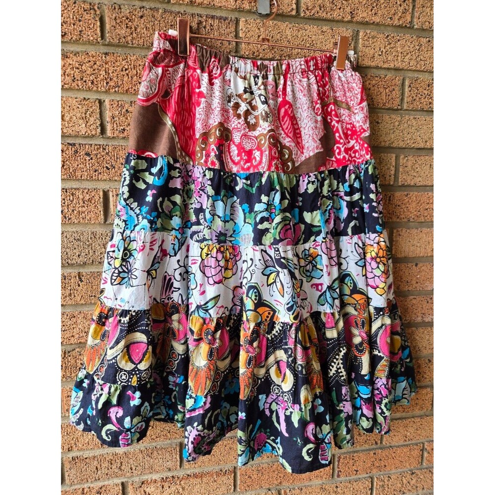 Kommotion NY Boho Patchwork Tiered Floral Cotton Midi Skirt Size S